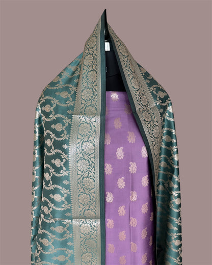 Safaya Green and Lovender Satin Silk Banarasi Suit