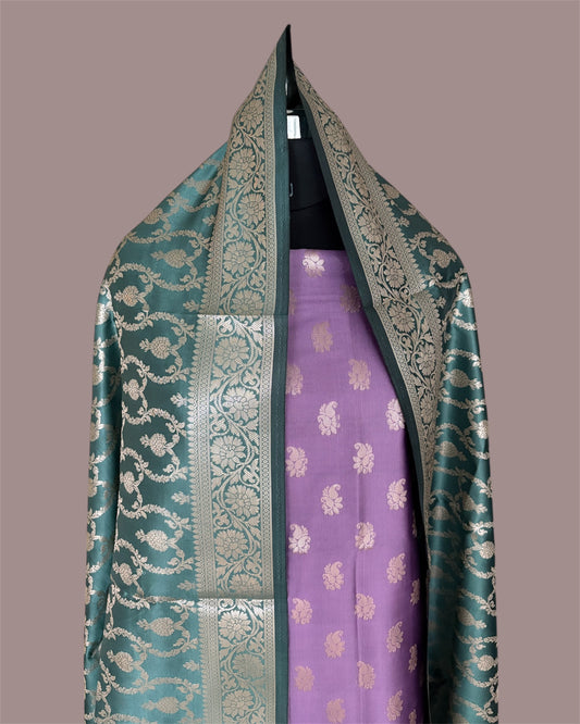 Safaya Green and Lovender Satin Silk Banarasi Suit