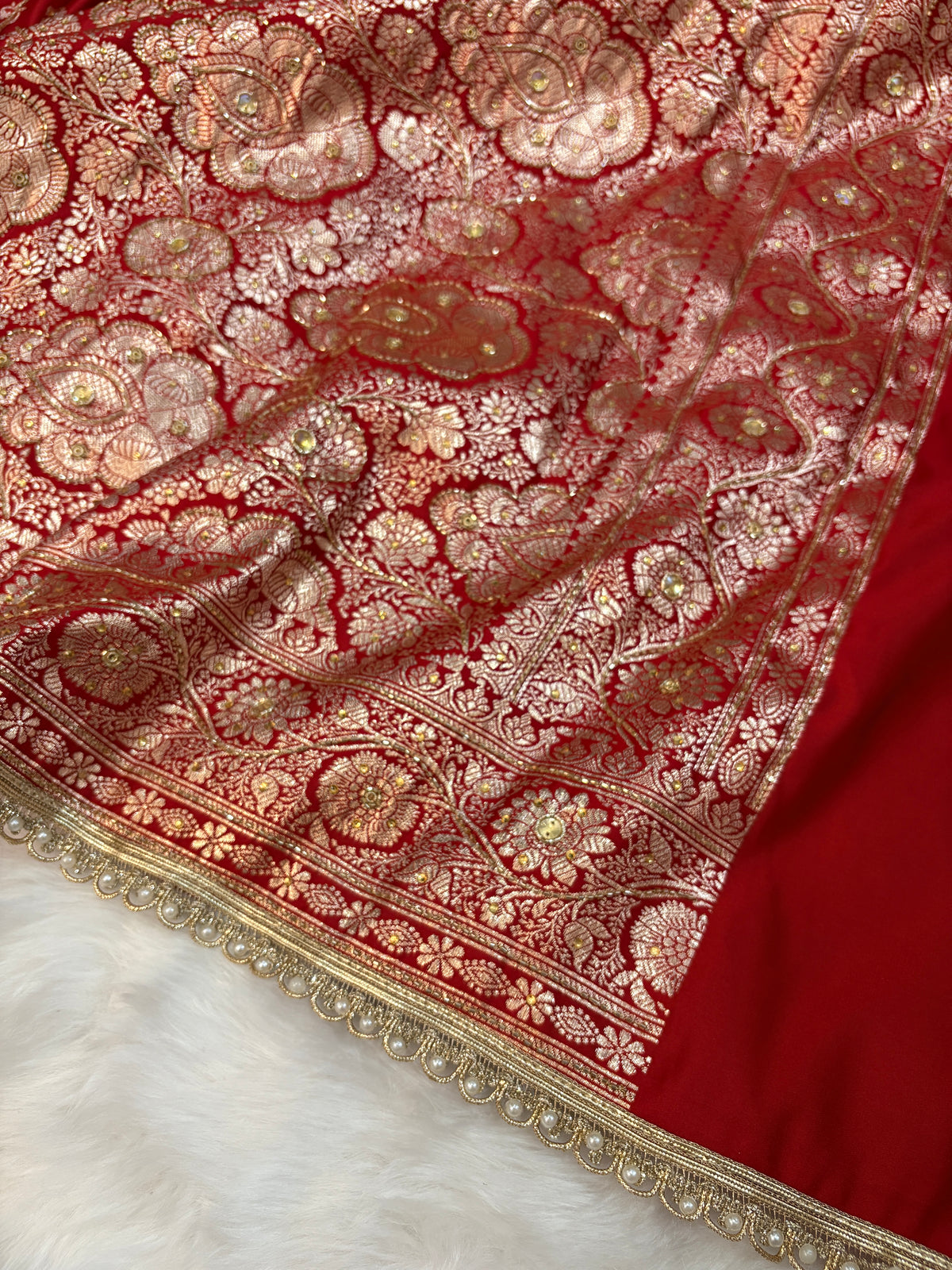 Bridal Red Satin Kataan Silk Banarasi Saree Heavy Aari Work
