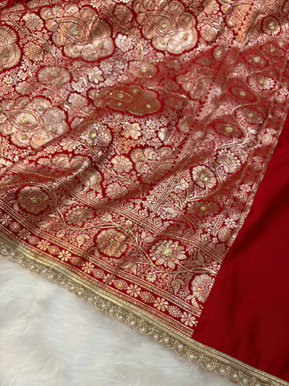 Bridal Red Satin Kataan Silk Banarasi Saree Heavy Aari Work