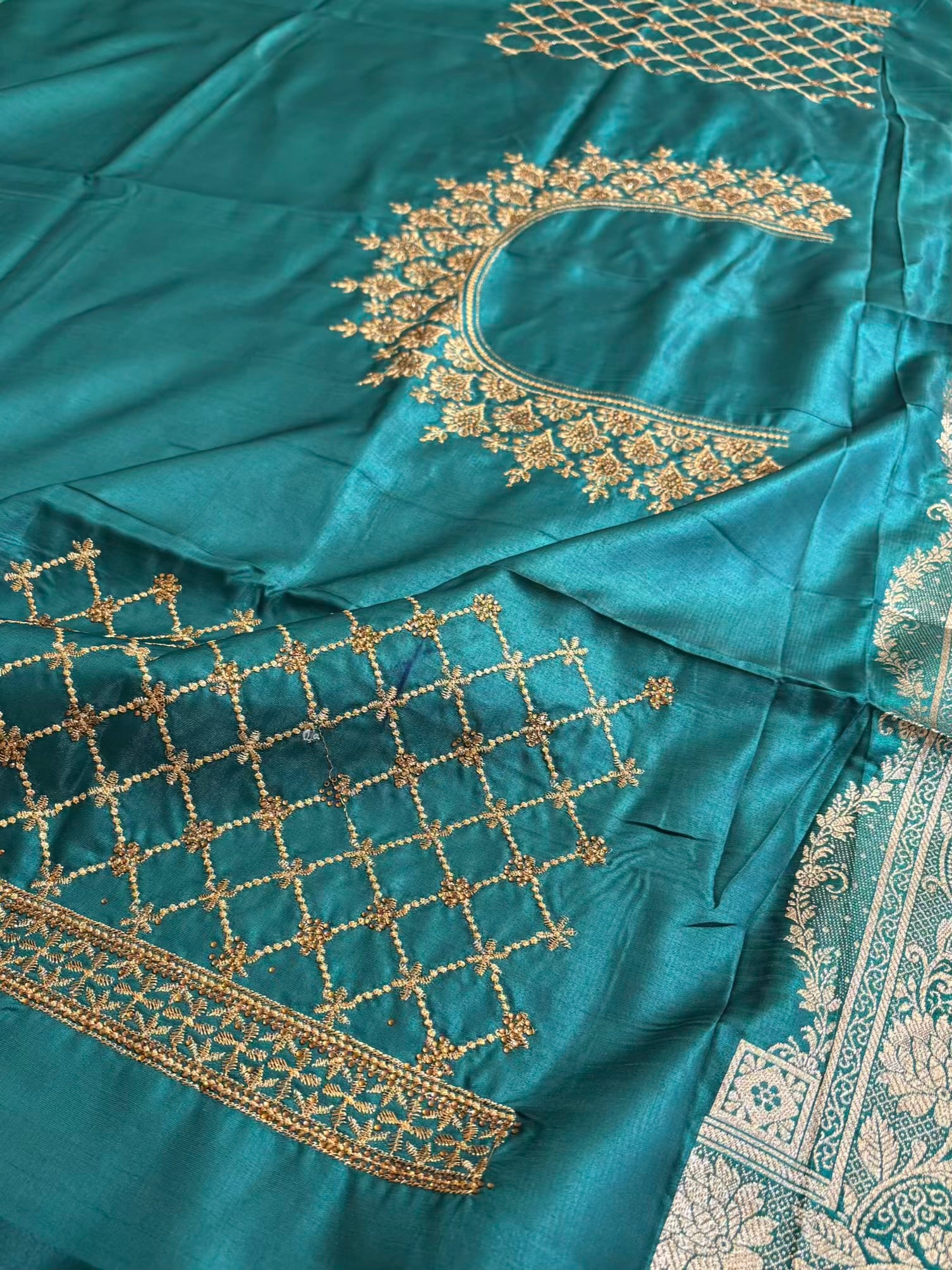 Rama Green With Swarovski Stone Work Jaal Pattern Satin Silk Saree