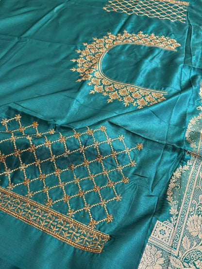 Rama Green With Swarovski Stone Work Jaal Pattern Satin Silk Saree