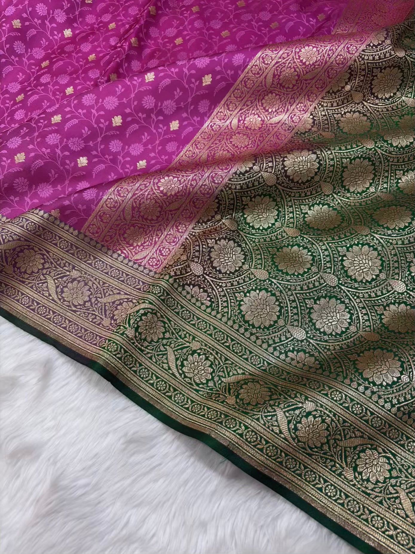 Pink & Green Satin Silk Banarasi Saree Tanchui Jaal