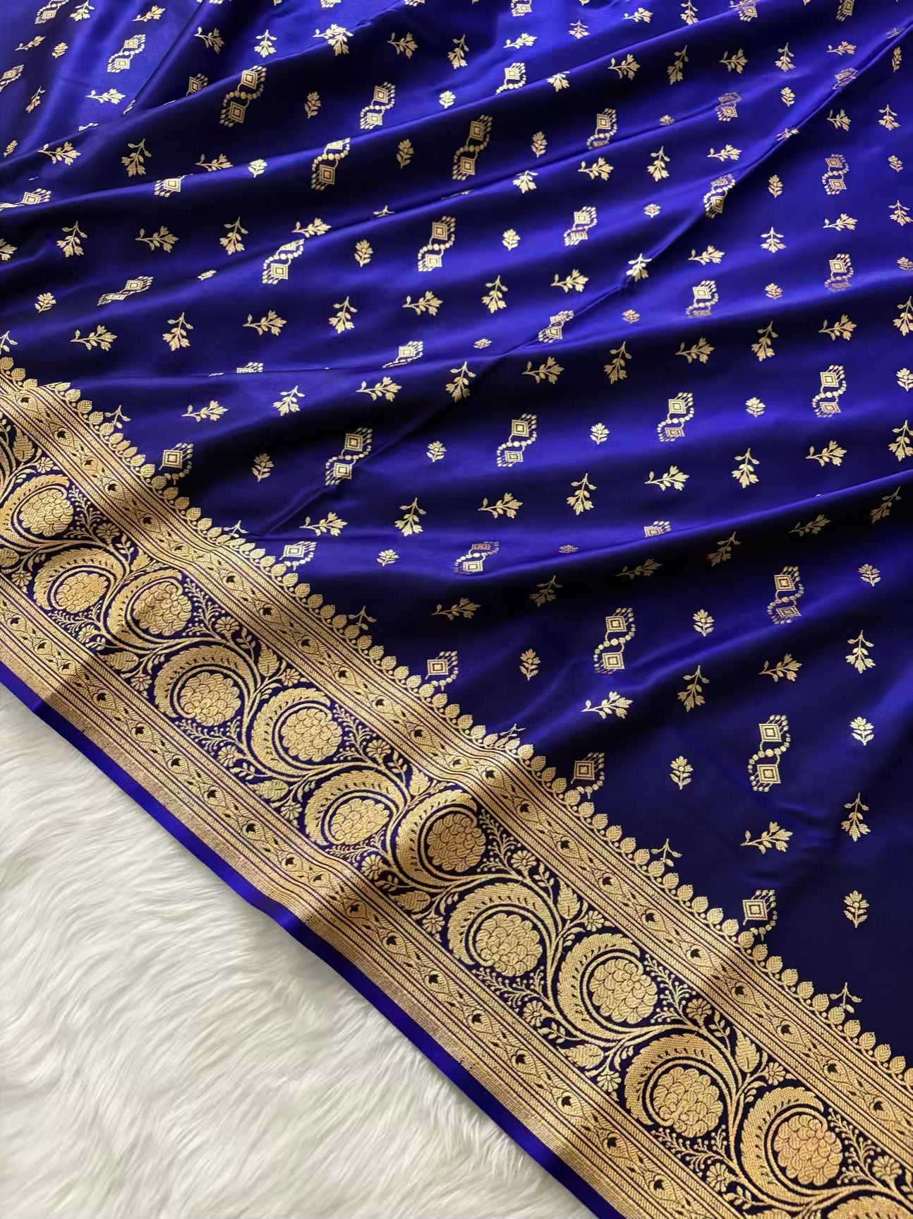 Blue Motifs Satin Silk Banarasi Saree