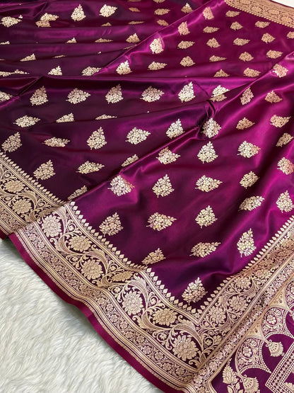 Wine Shaded New Motif Satin Silk Banarasi Saree.