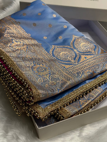 Satin Katan Powder Blue Silk Saree With Gotta Patti