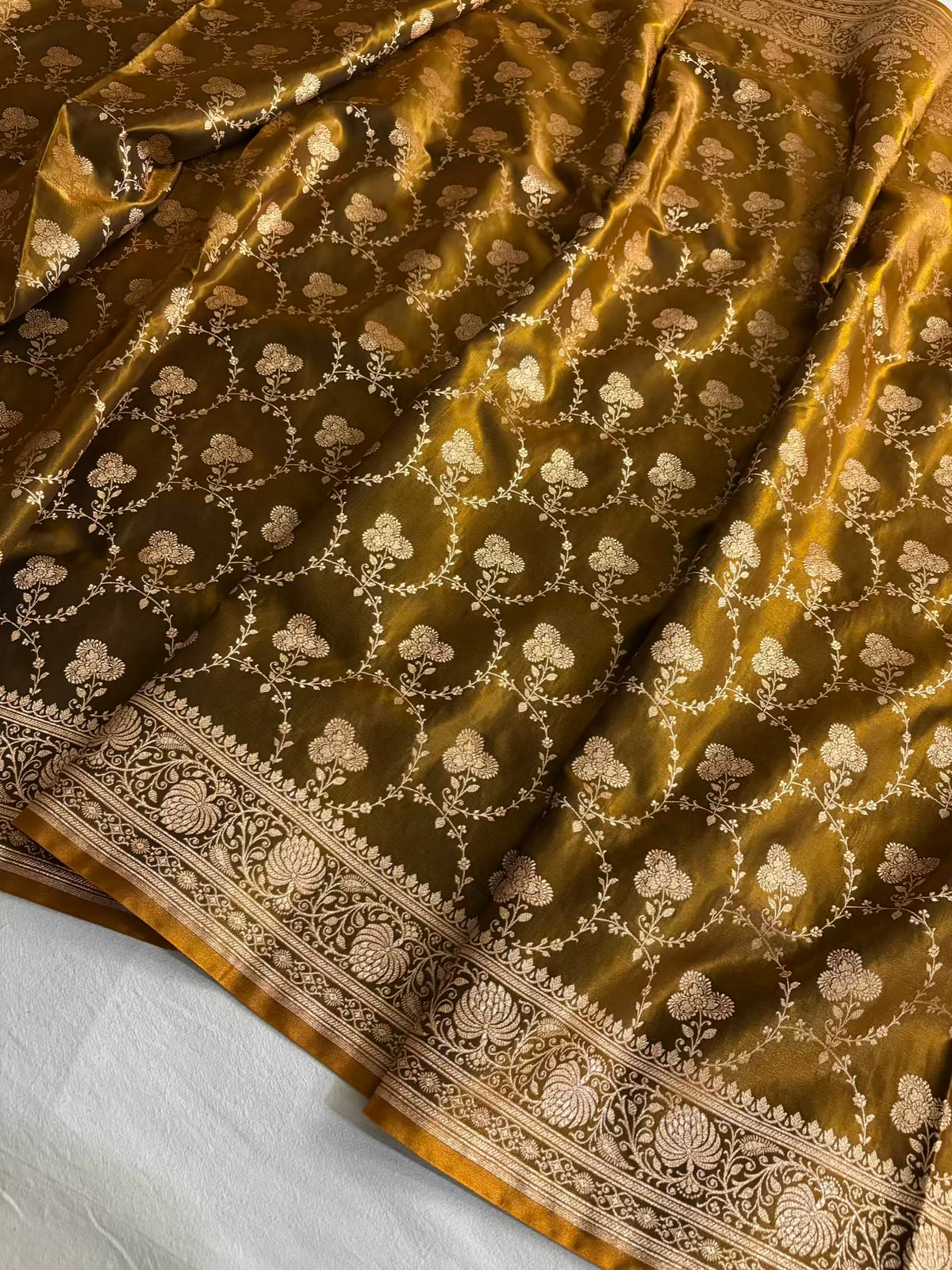 Satin Silk Saree Banarasi Jaal in Mehendi Shades
