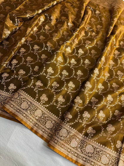 Satin Silk Saree Banarasi Jaal in Mehendi Shades