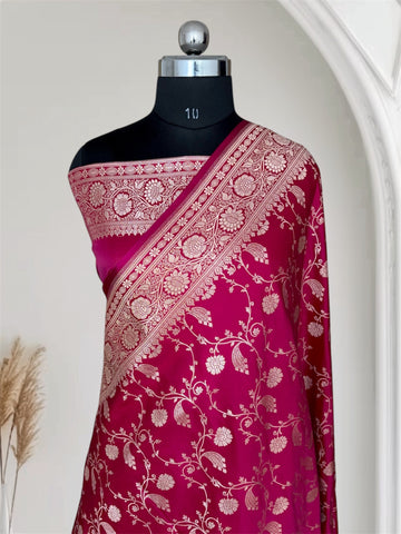 Rani Kataan Satin Silk Banarasi Saree Bridal Jaal