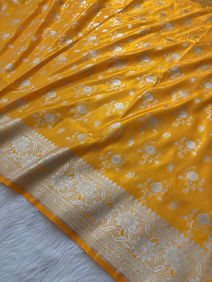 Yellow Floral Buti Satin Silk Banarasi Saree