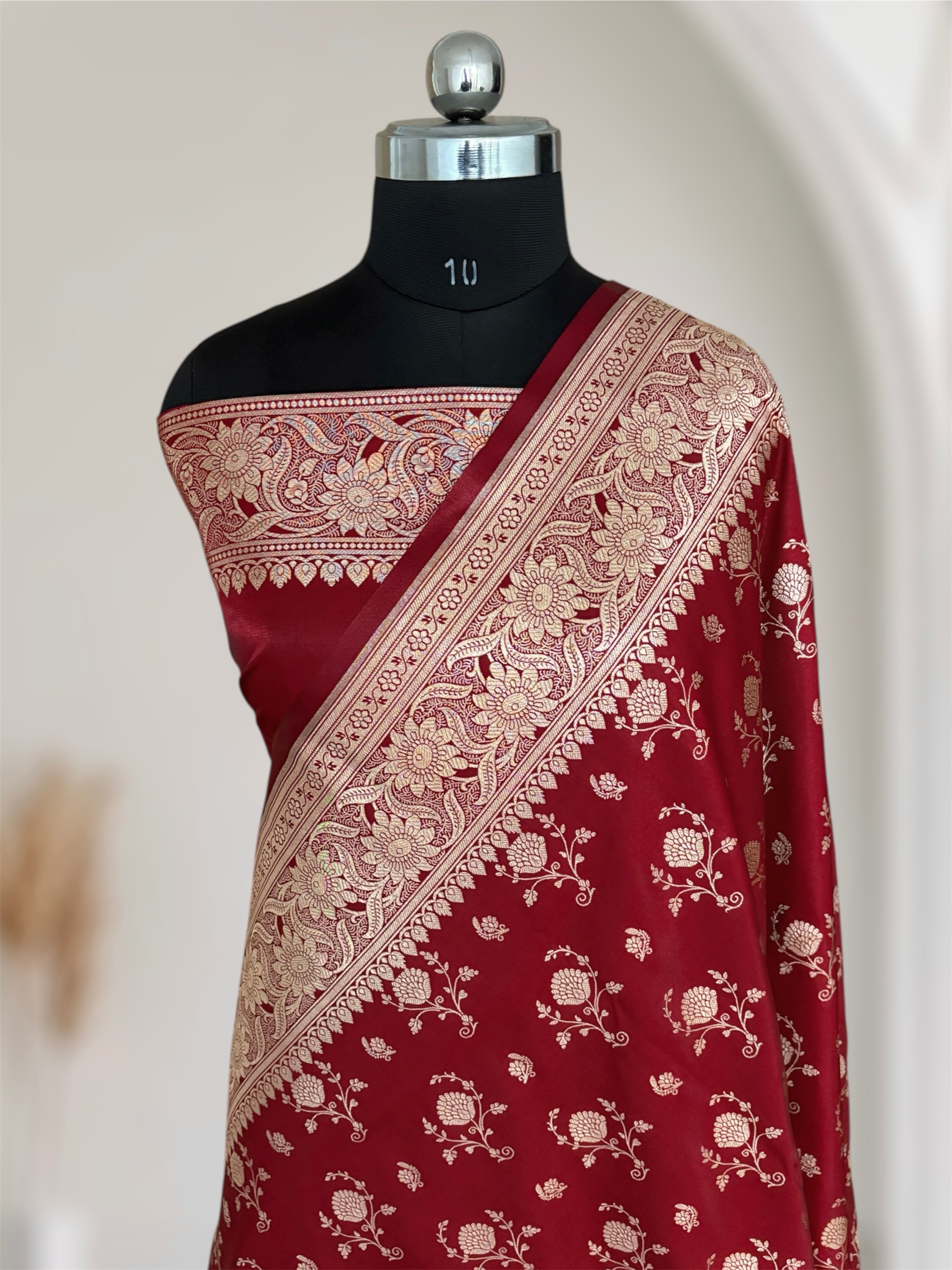Maroon Floral Buti Satin Silk Banarasi Saree