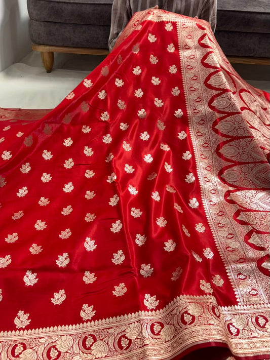 Red Satin Silk Motif Banarasi Saree