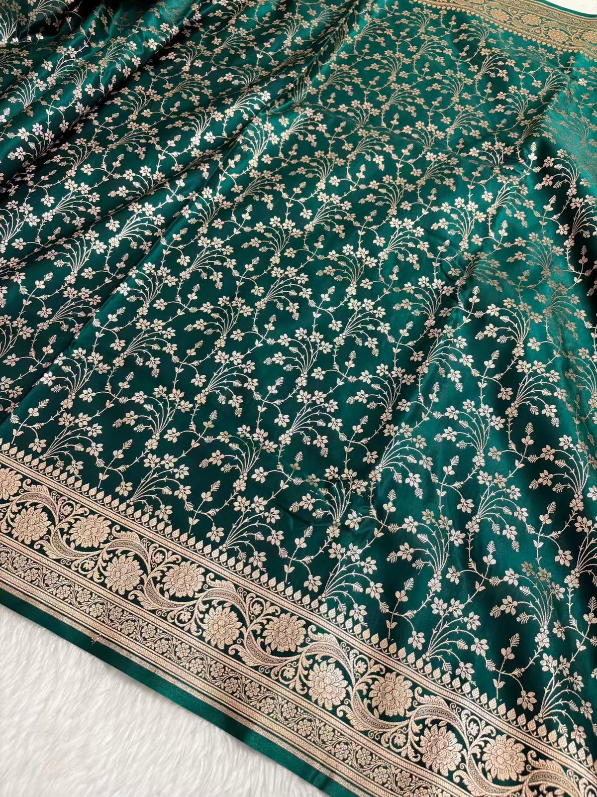 Heavy Jaal Satin Silk Banarasi Saree Teal Green Shades