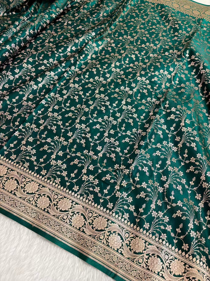 Heavy Jaal Satin Silk Banarasi Saree Teal Green Shades