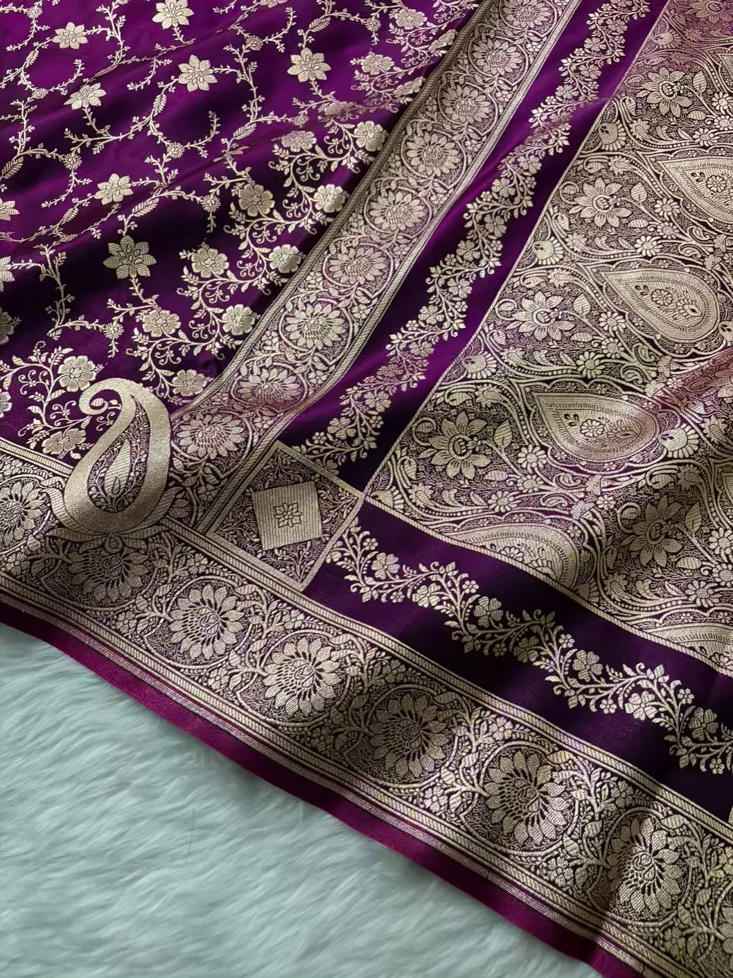 Purple Satin Silk Banarasi Saree Floral Swarna Latika Jaal