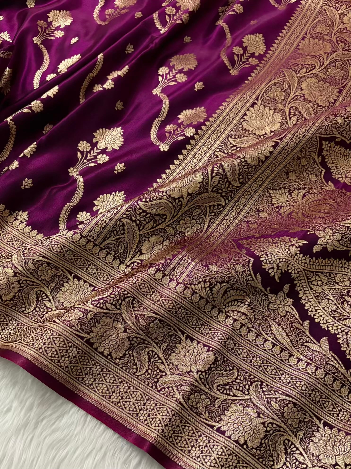 Wine Satin Silk Banarasi Saree – Tircha Jaal