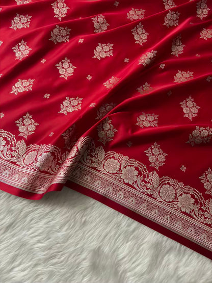 Red Soft Kataan Silk Motif Banarasi Saree In Silver Zari