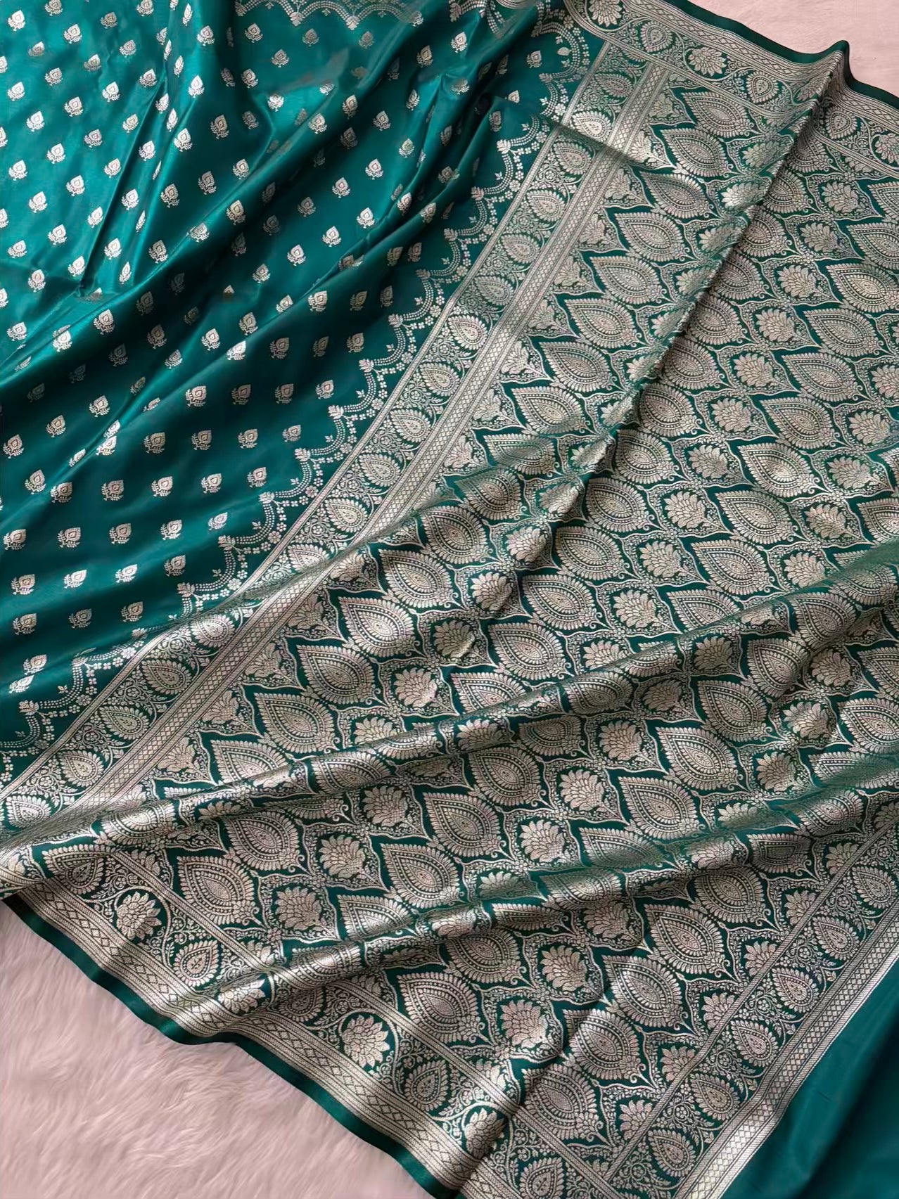 Rama Green Satin Silk Banarasi Saree Silver Motif
