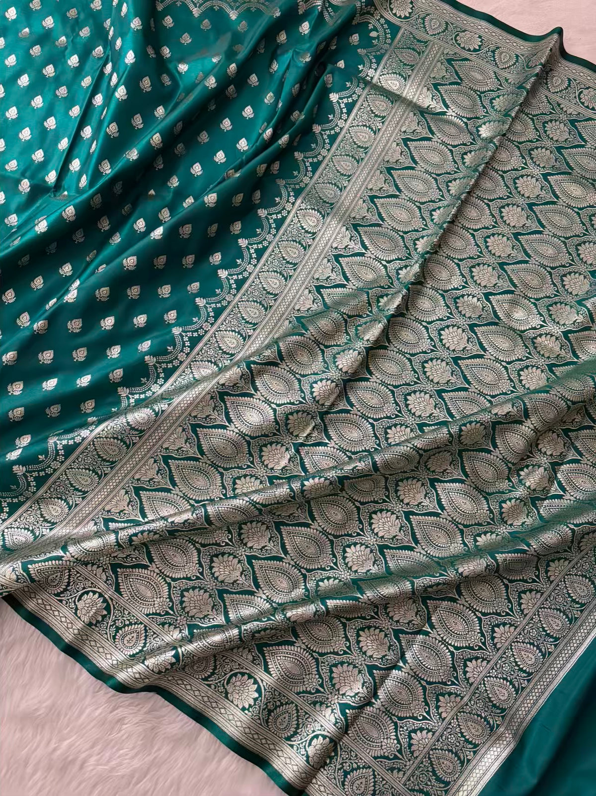 Rama Green Satin Silk Banarasi Saree Silver Motif