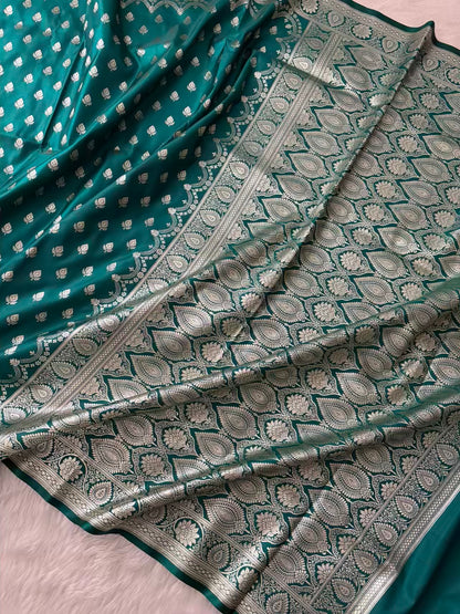 Rama Green Satin Silk Banarasi Saree Silver Motif