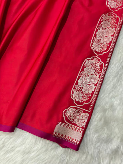Red Soft Kataan Silk Banarasi Saree In Rose Gold Zari