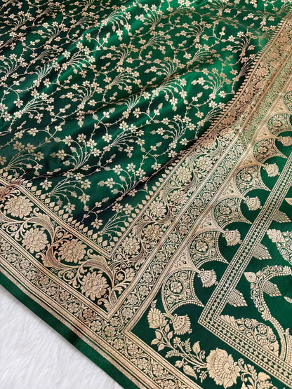 Heavy Jaal Satin Silk Banarasi Saree Botel Green Shades