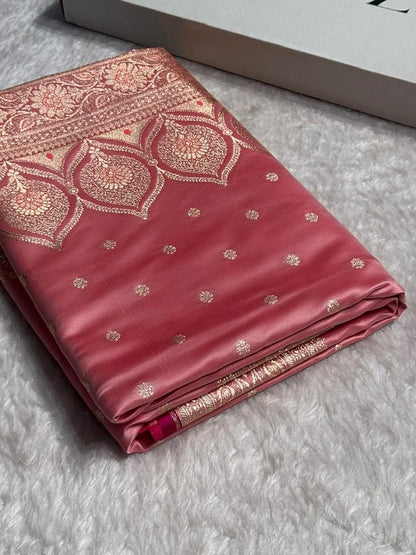 Baby Pink Booti Satin katan Silk Saree