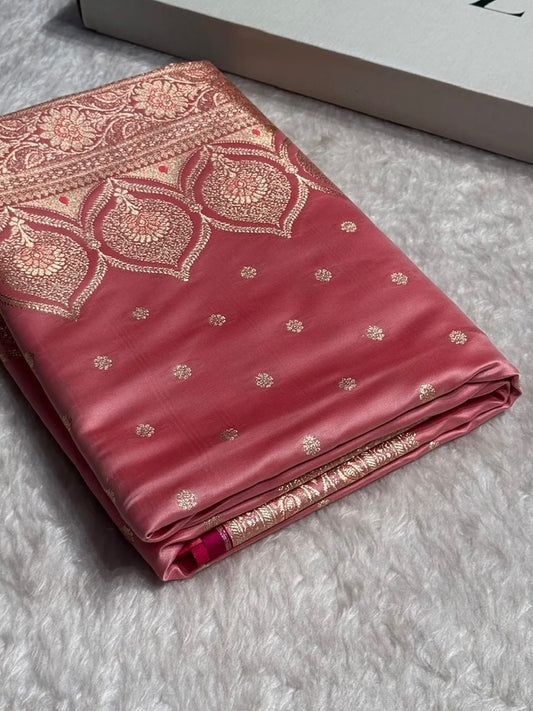 Baby Pink Booti Satin katan Silk Saree