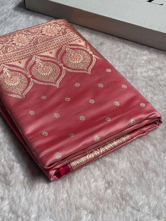 Baby Pink Booti Satin katan Silk Saree