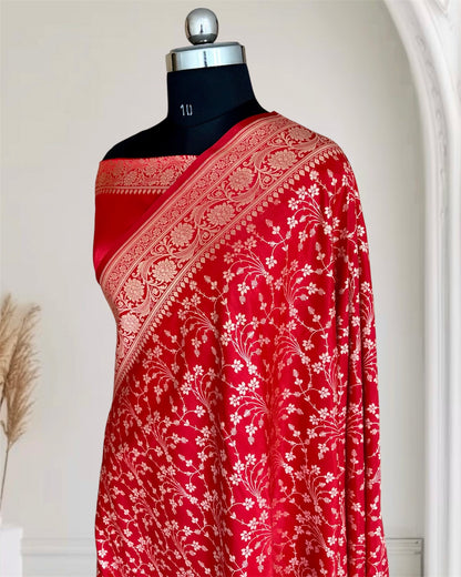 Heavy Jaal Satin Silk Banarasi Saree Red Shades