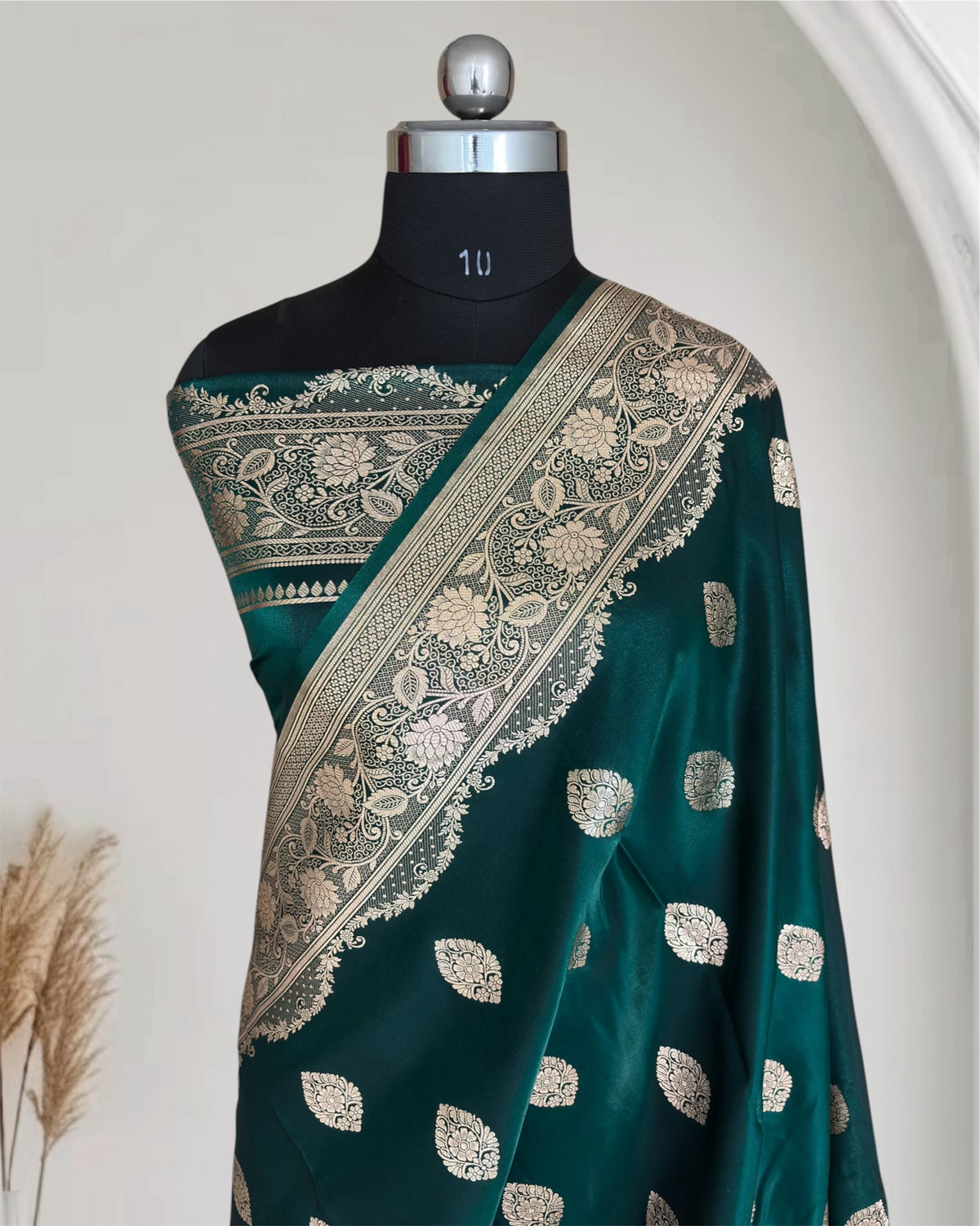 Teal Green Satin Silk Banarasi Saree Jhaad Motif