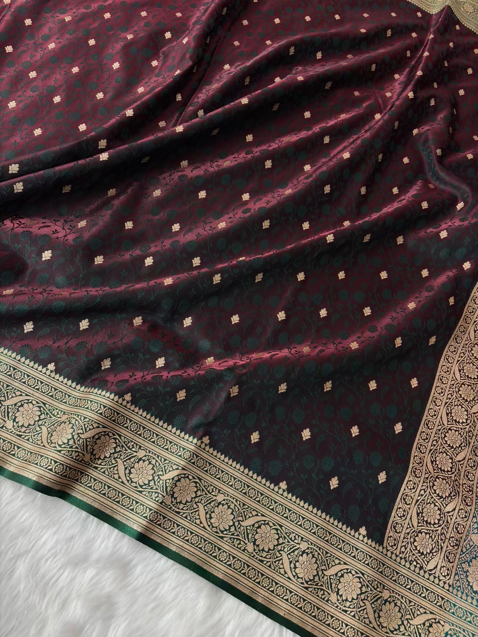 Dark Maroon & Green Satin Silk Banarasi Saree Tanchui Jaal