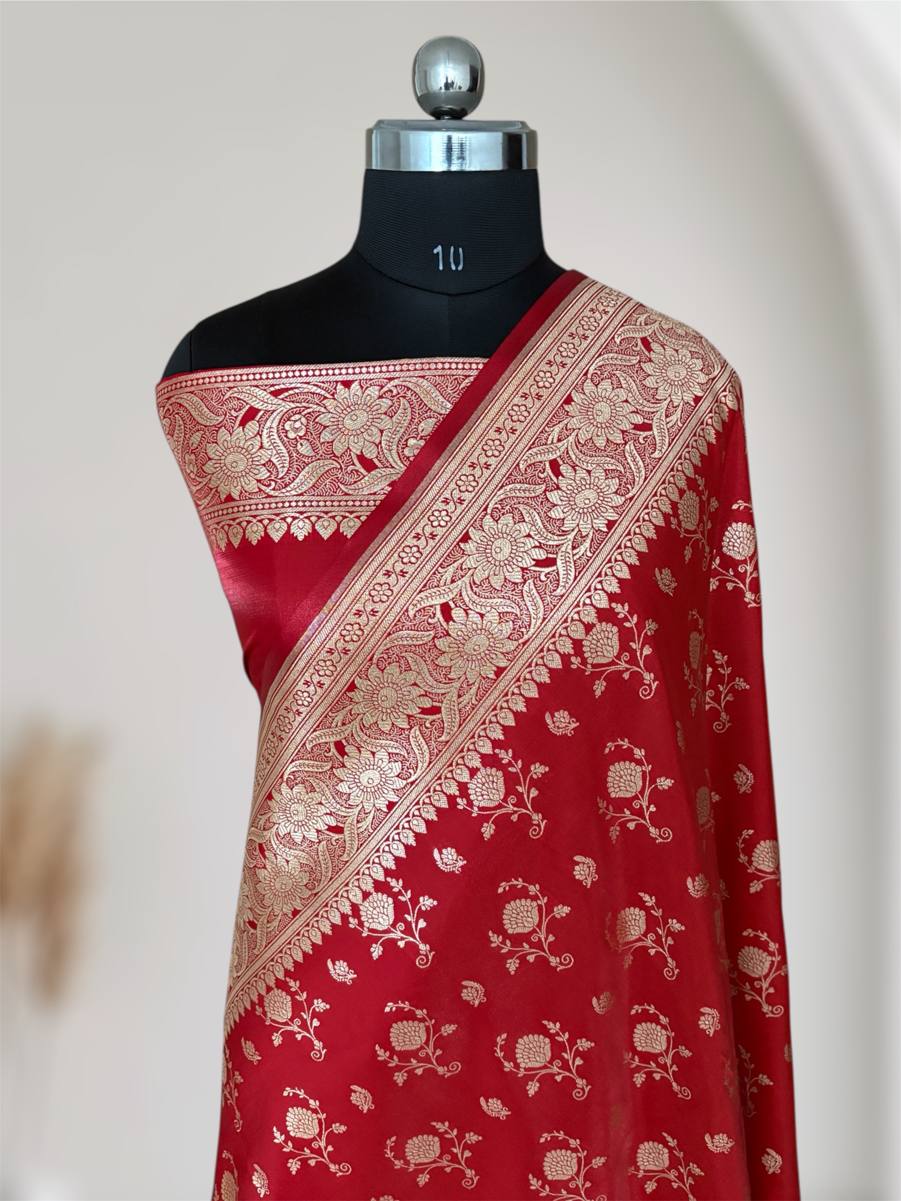 Red Floral Buti Satin Silk Banarasi Saree