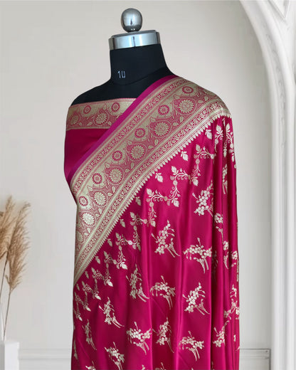 Rani Pink Soft Kataan Silk Banarasi Saree Light Gold Work