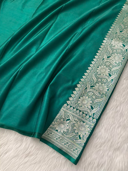 Rama Green Floral Buti Satin Silk Banarasi Saree
