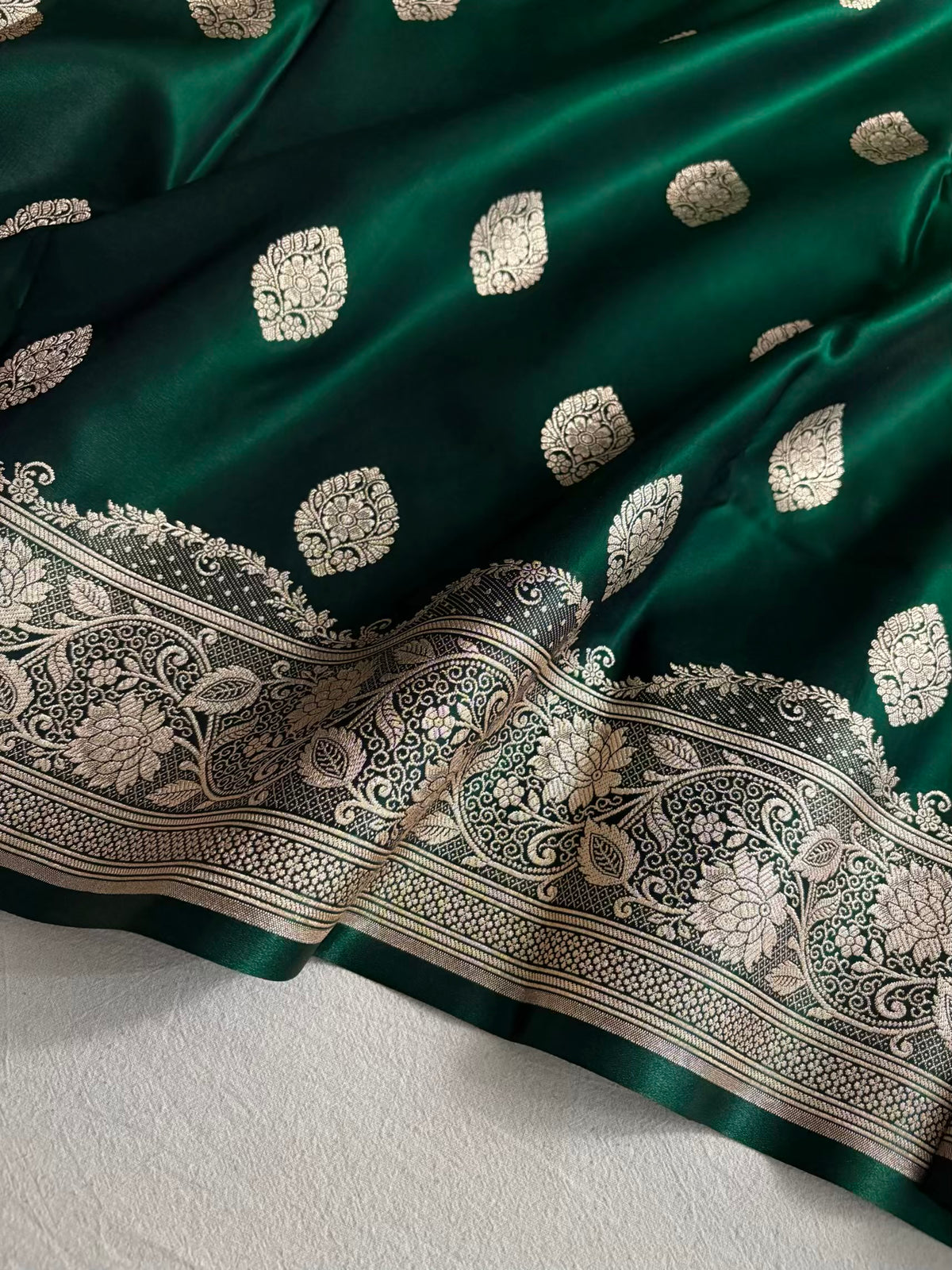 Dark Green Satin Silk Banarasi Saree Jhaad Motif