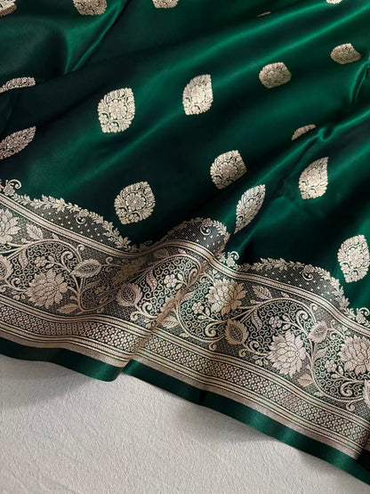 Dark Green Satin Silk Banarasi Saree Jhaad Motif