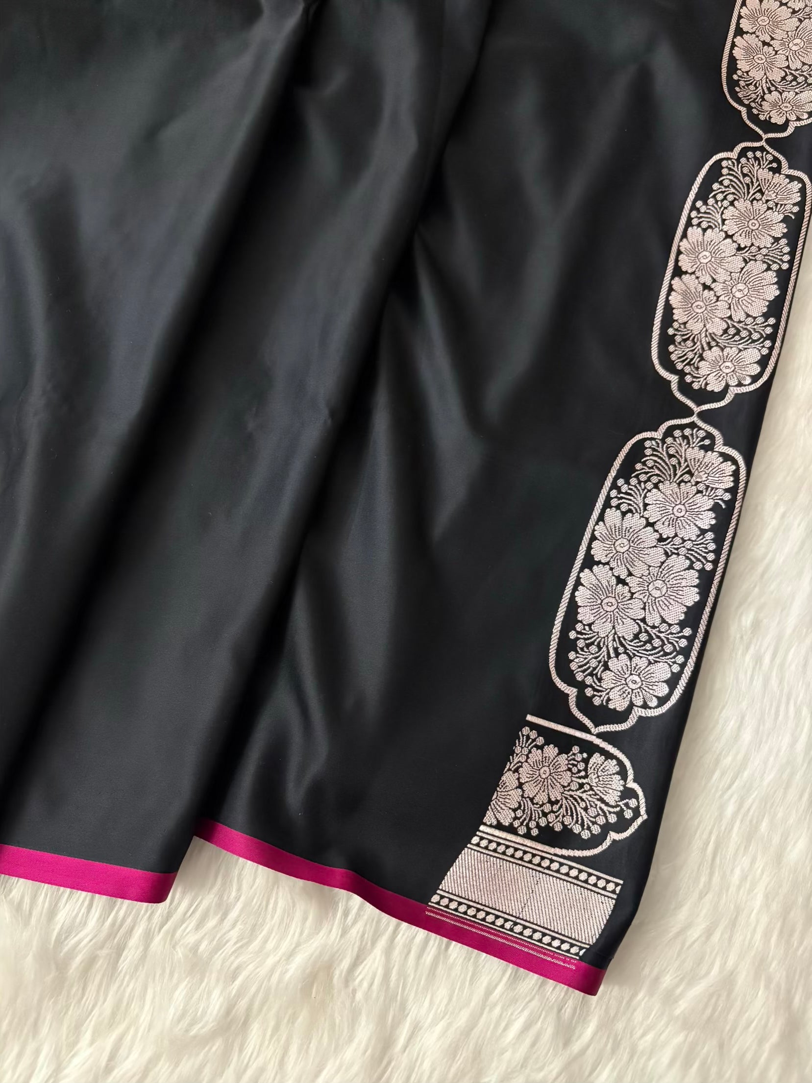 Black Soft Kataan Silk Banarasi Saree In Rose Gold Zari