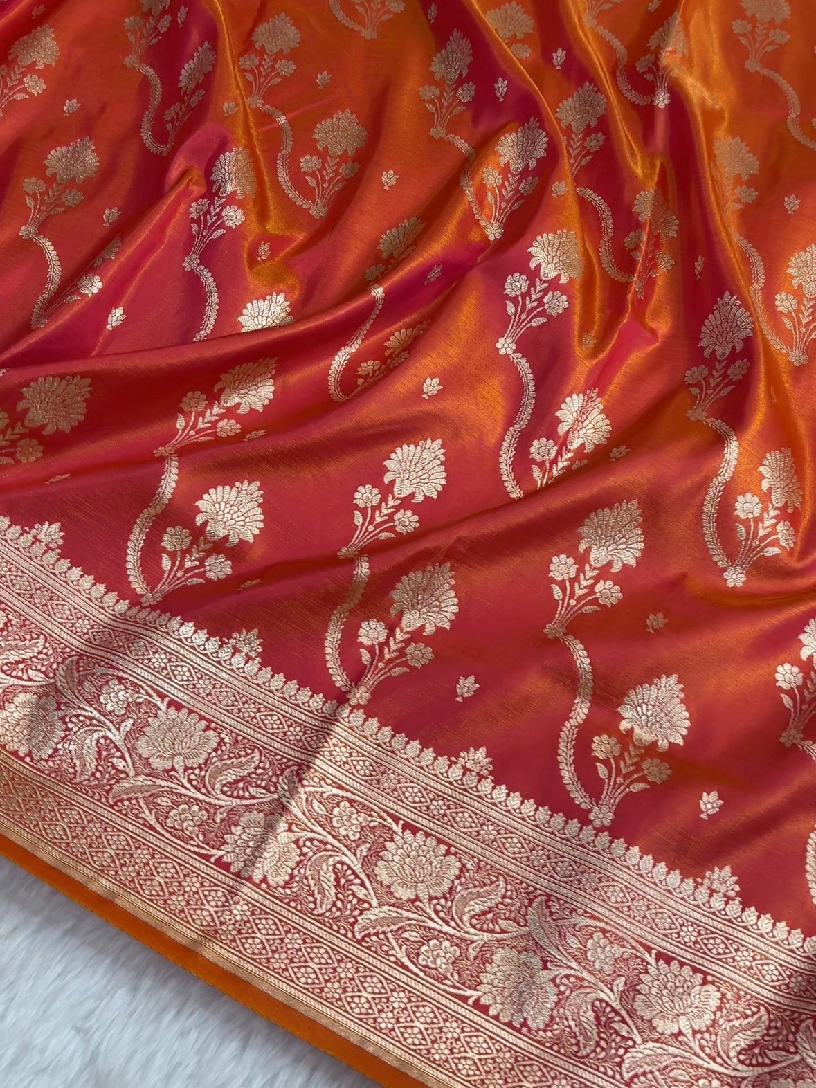 Orange Shaded Fancy Satin Silk Banarasi Saree – Tircha Jaal