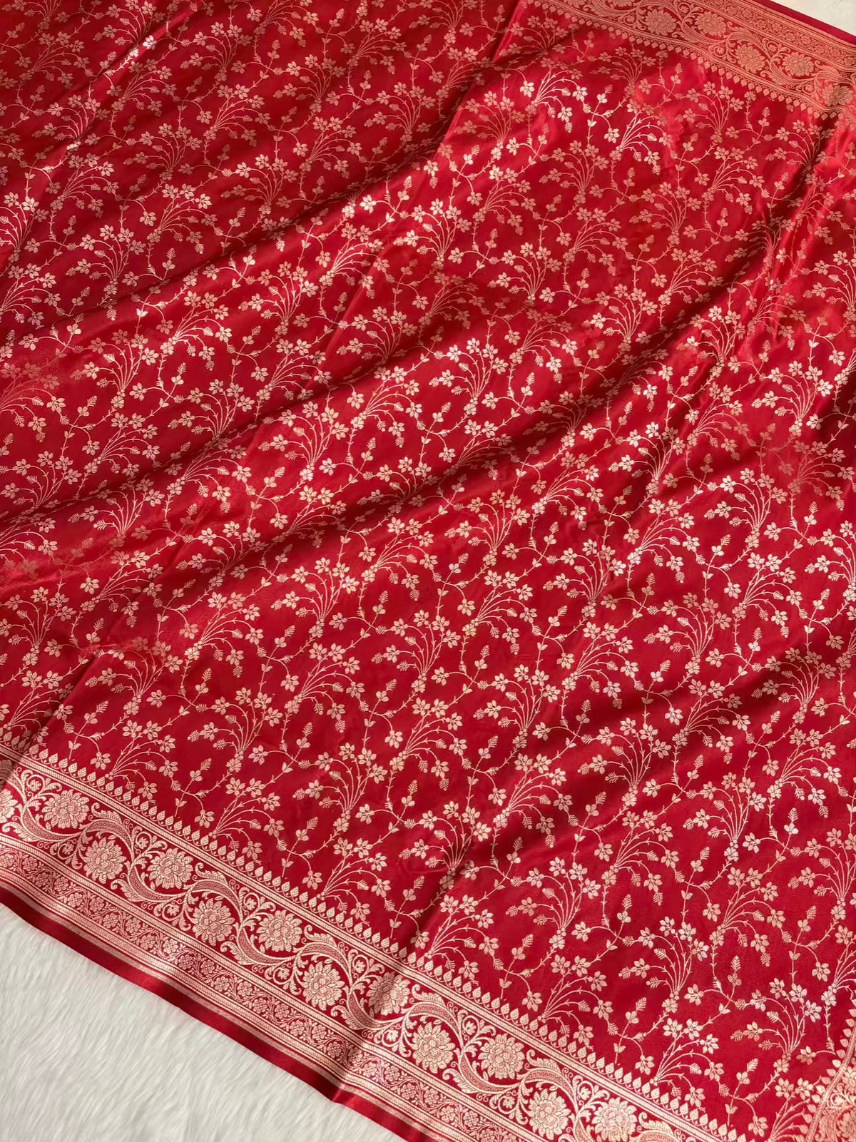Heavy Jaal Satin Silk Banarasi Saree Red Shades