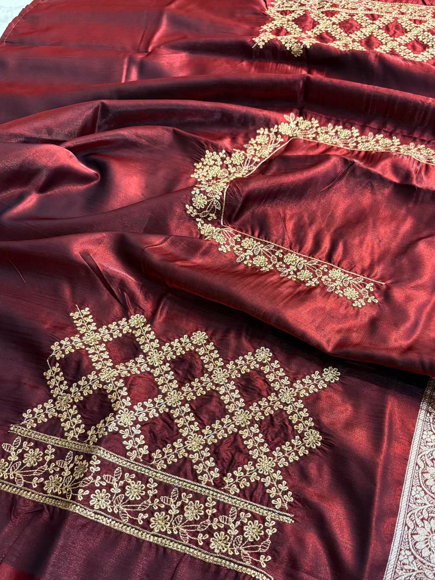 Satin Silk Saree Banarasi Swarovski Work Jaal in Dark Maroon Shades