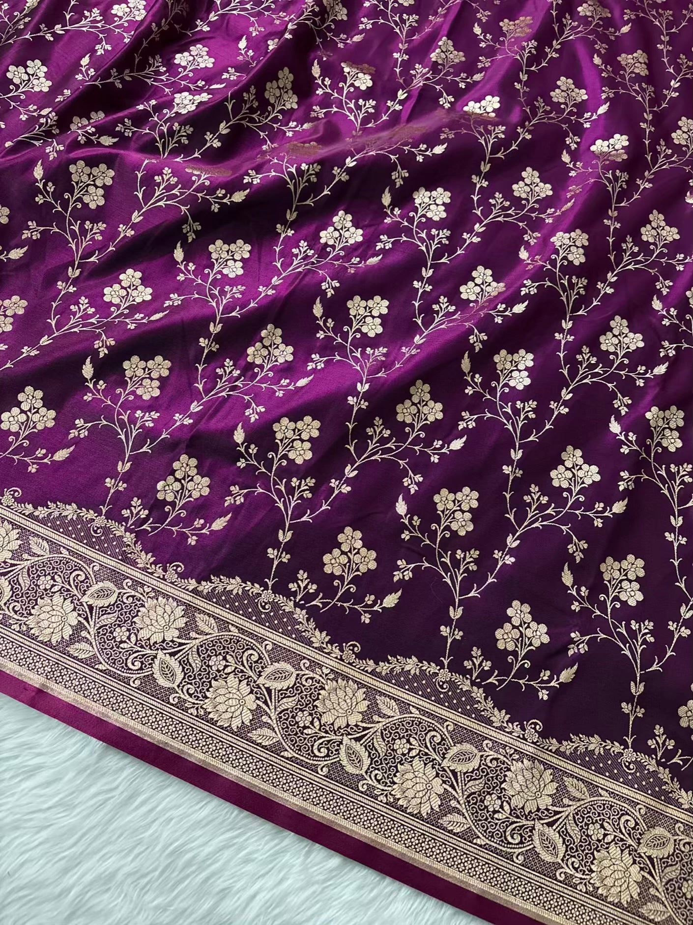 Wine Satin Silk Banarasi Saree with Jaal Pattern