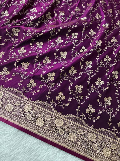 Wine Satin Silk Banarasi Saree with Jaal Pattern