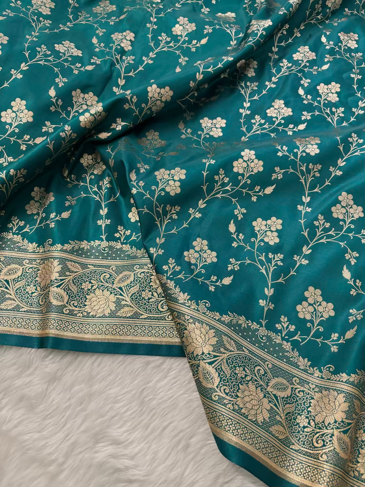Rama Green Satin Silk Banarasi Saree Floral Jaal