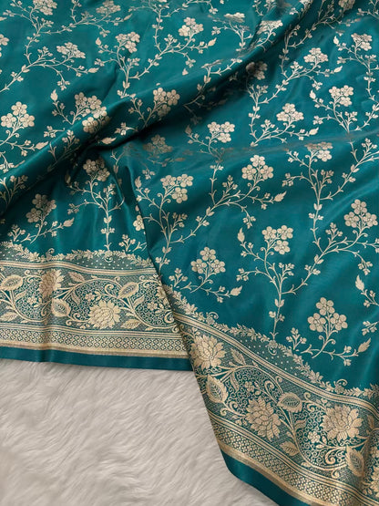 Rama Green Satin Silk Banarasi Saree Floral Jaal