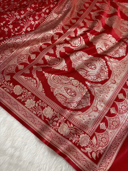 Heavy Jaal Satin Silk Banarasi Saree Red Shades