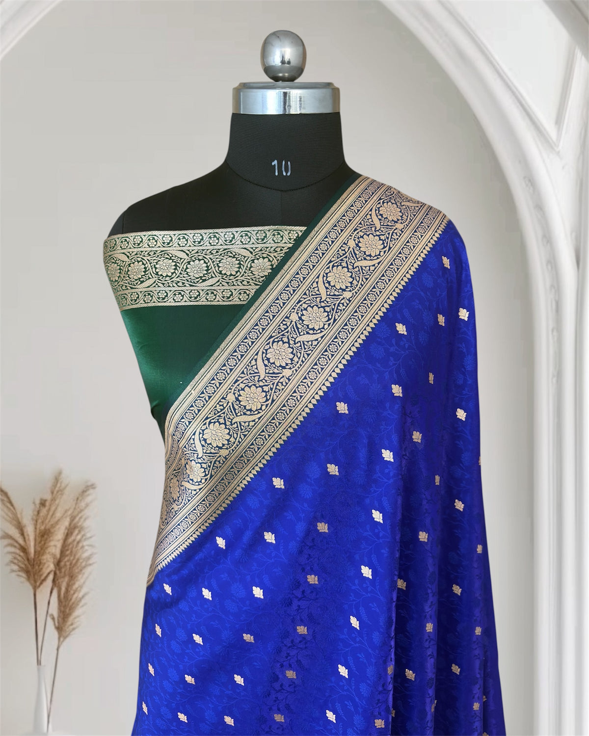 Royal Blue & Green Satin Silk Banarasi Saree Tanchui Jaal