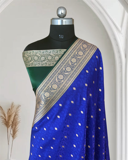 Royal Blue & Green Satin Silk Banarasi Saree Tanchui Jaal