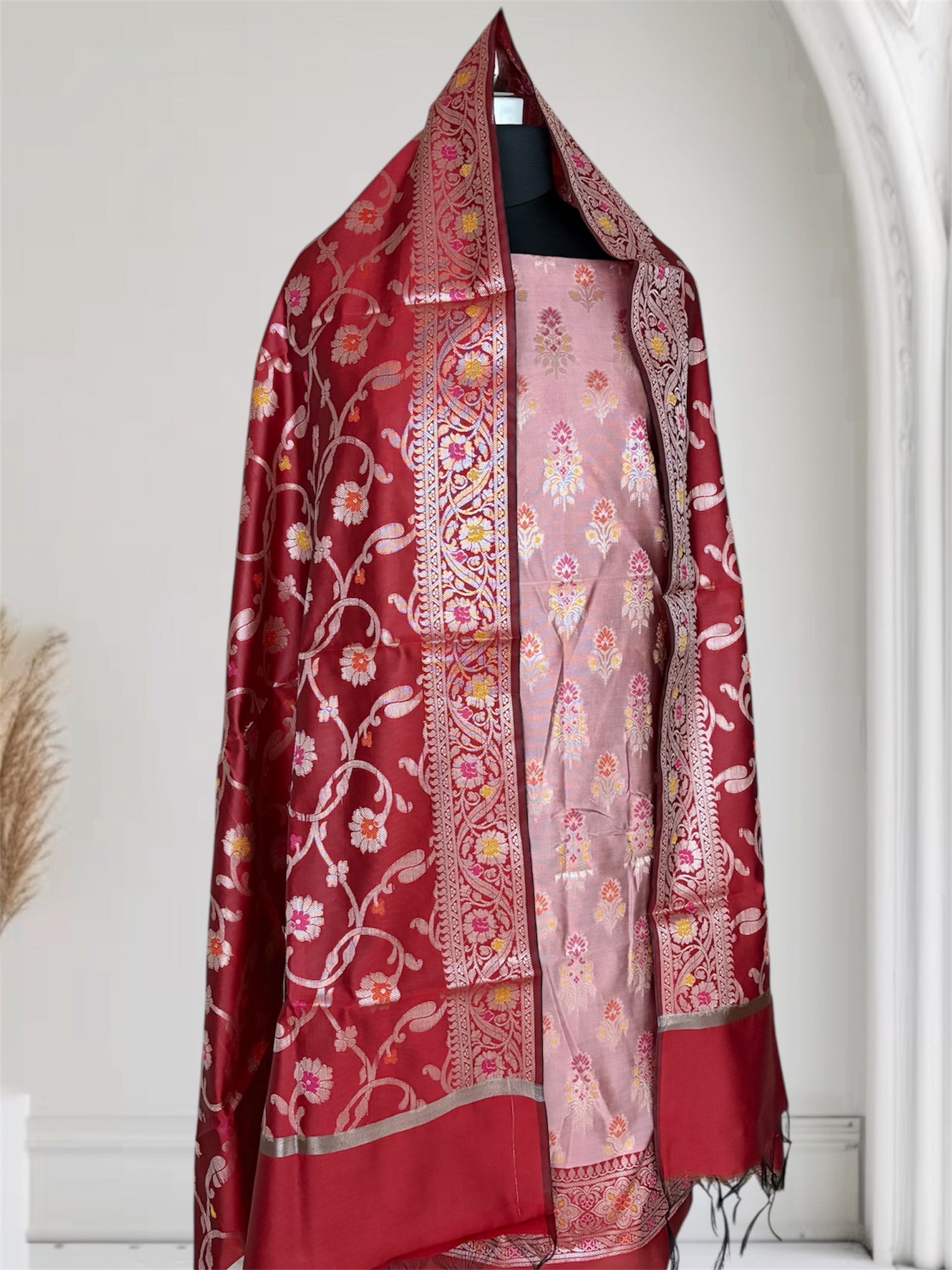 Red and Patel Red Satin Silk Banarasi Suit