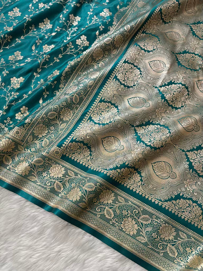 Rama Green Satin Silk Banarasi Saree Floral Jaal